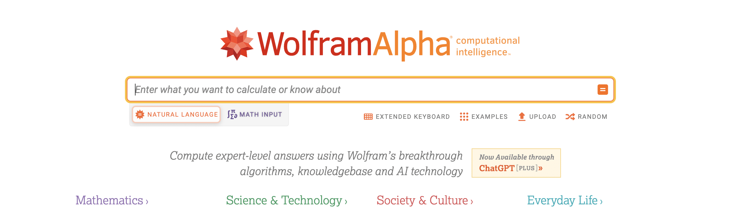 screenshot shows landing page for wolfram alpha search engine