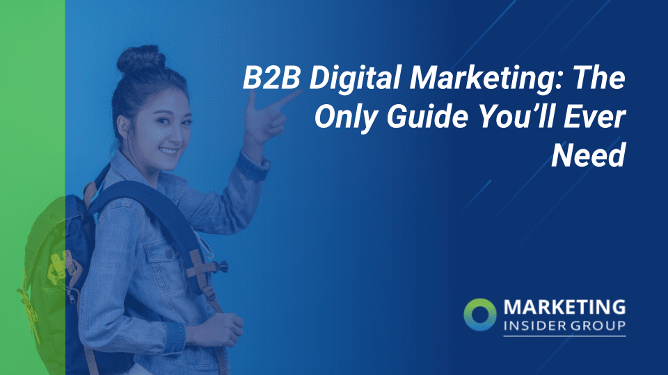 photo shows happy tour guide woman standing and pointing as she gives tips on b2b digital marketing