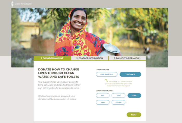 The Water For People donation form is an example of a well-designed donation form that is set up to have a high conversion rate. 