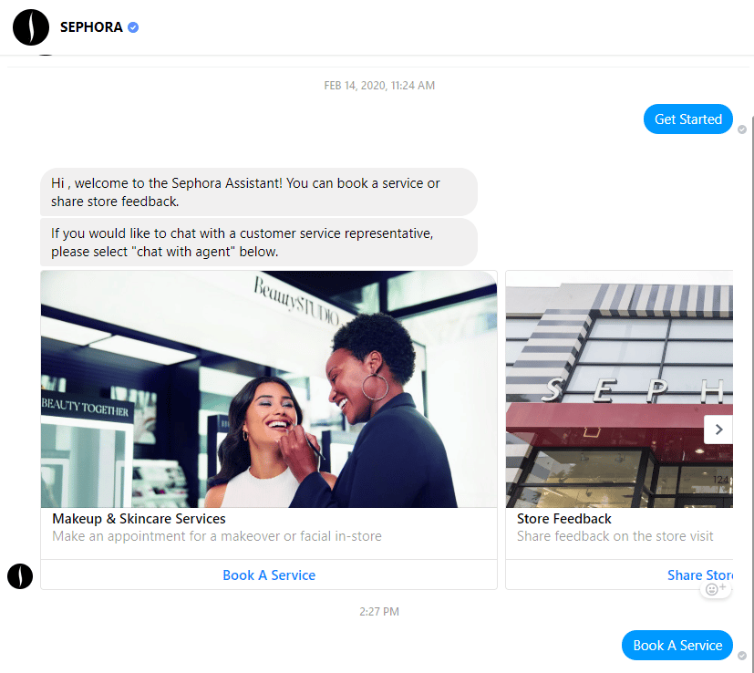 Sephora uses a Facebook Messenger chatbot for online business sales.