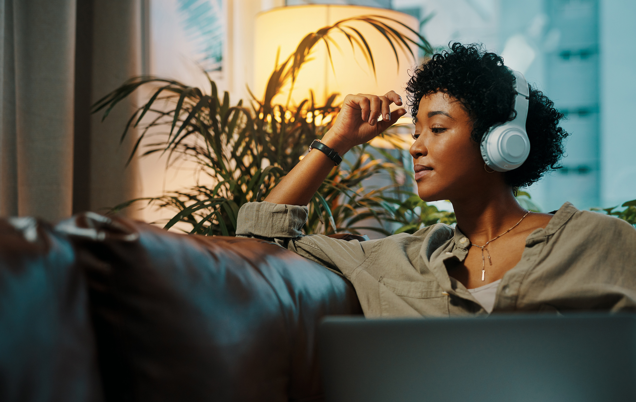 hip woman listening to audio marketing