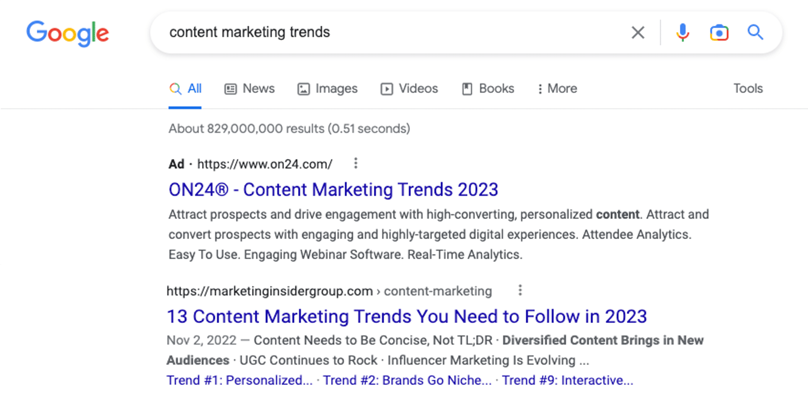 organic listing for content marketing trends 2023
