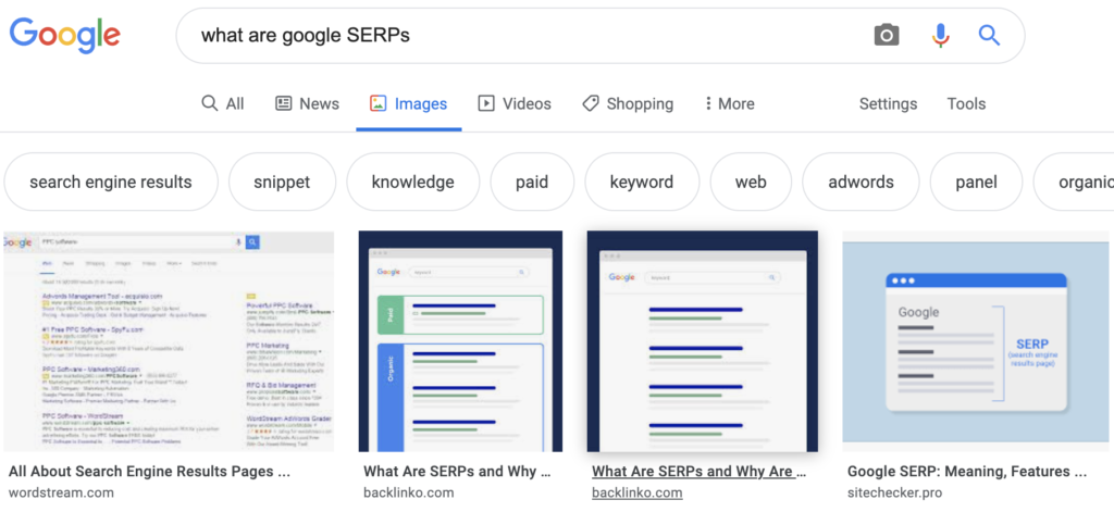 Google search for what are Google SERPs image pack