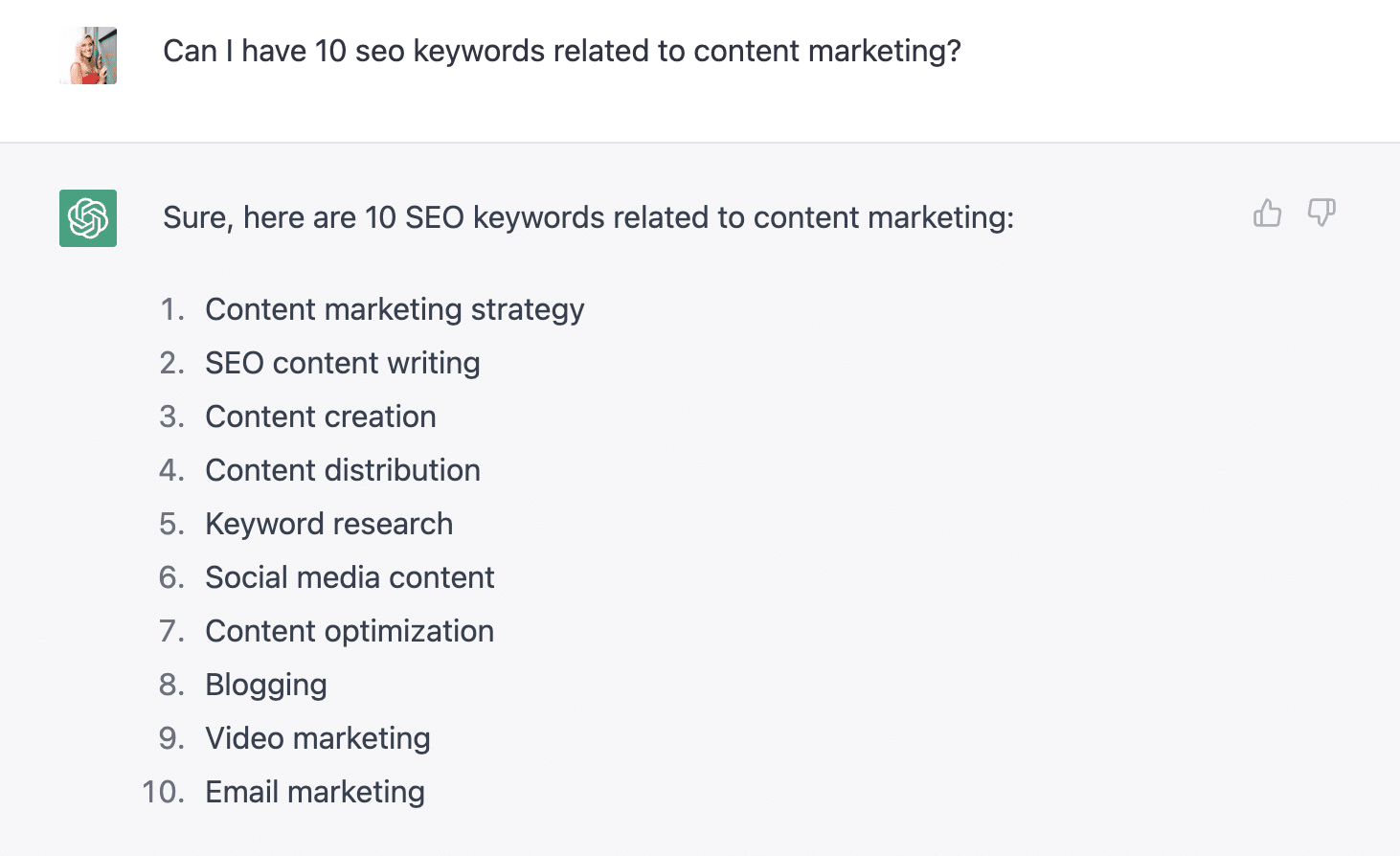screenshot shows conversation with ChatGPT asking for content marketing seo keywords