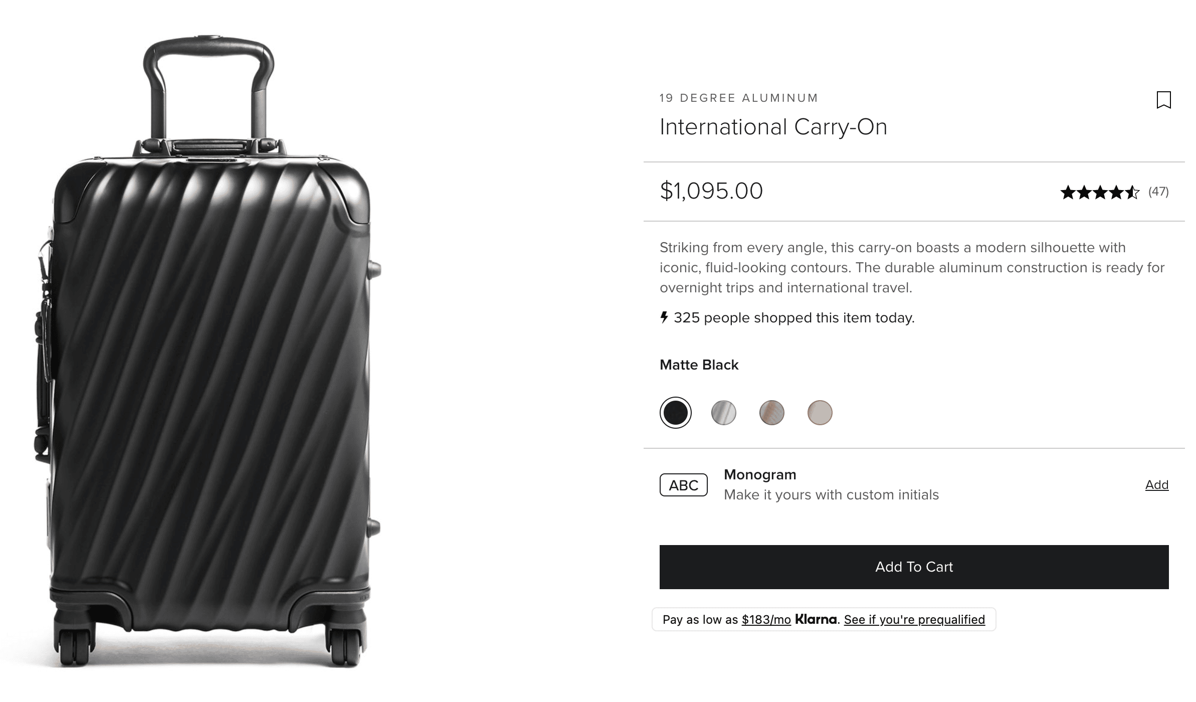 Tumi's premium suitcase demonstrates the value of appropriately pricing for e-commerce products online.