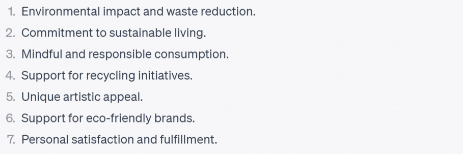 This screenshot shows the reasons the eco-conscious buyer persona is looking for furniture made from recycled materials.