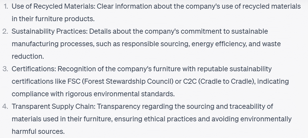 This screenshot shows information the eco-conscious buyer persona would need before purchasing furniture.